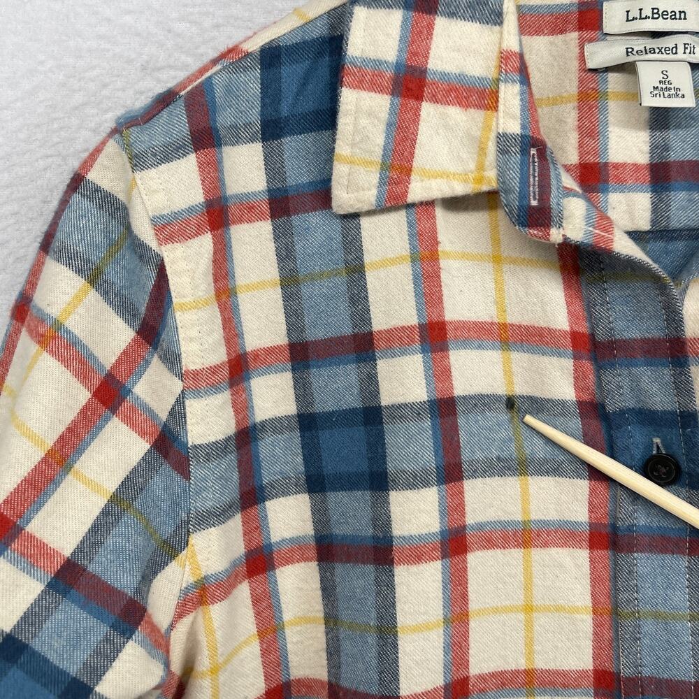 LL BEAN Top Womens S Scotch Plaid Flannel Shirt Relaxed Fit Button Up Ivory Blue - Picture 14 of 16